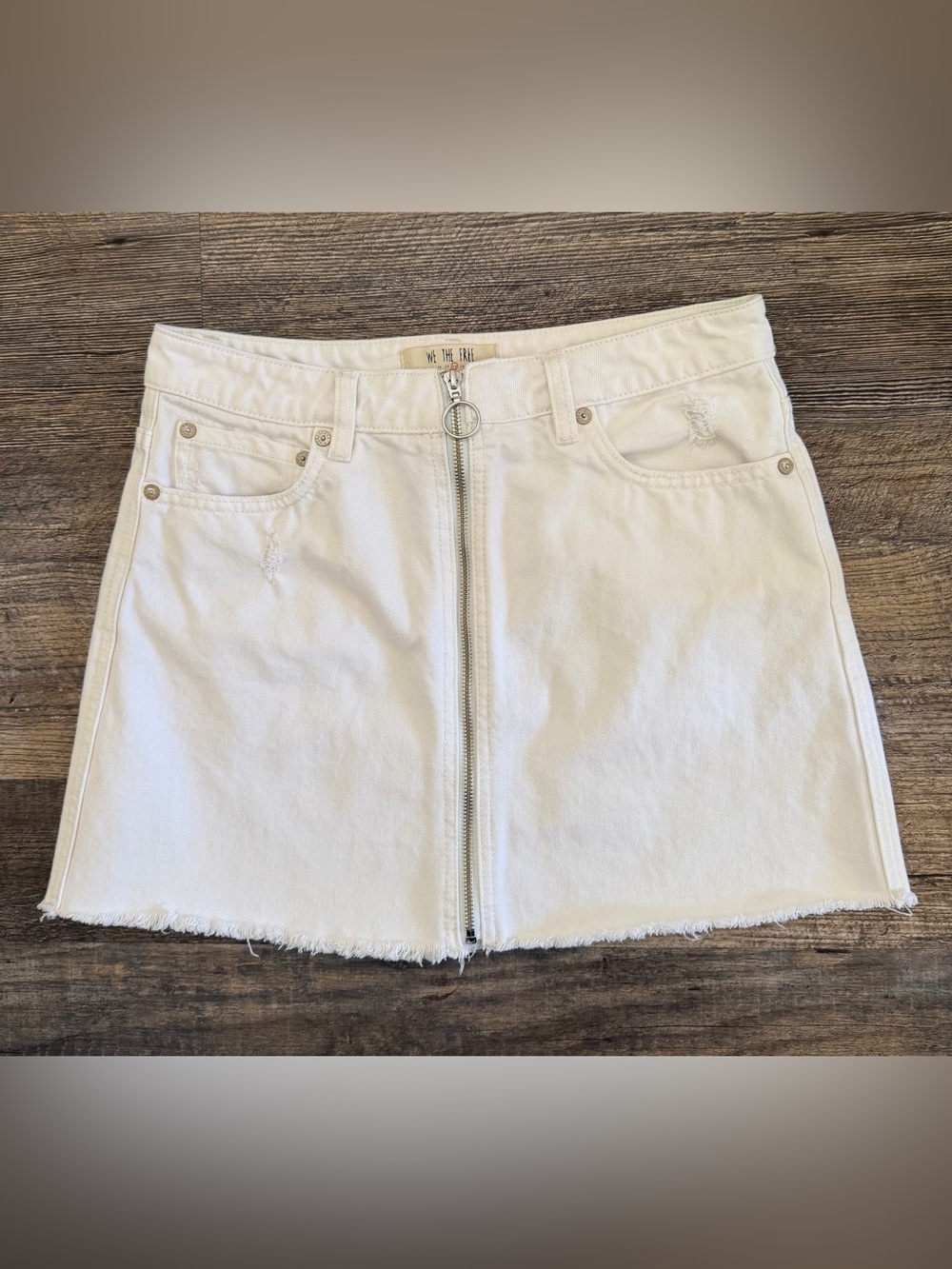 WE THE FREE Size 28 Zip It UP White 100% Cotton Skirt Fray Hem Full Zip Boho